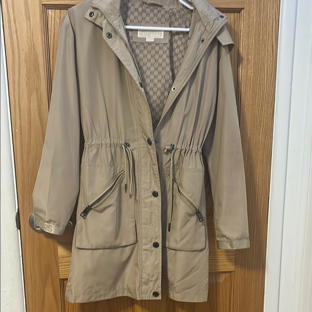 Michael Kors Tan Utility Jacket with Hood and Drawstring Waist